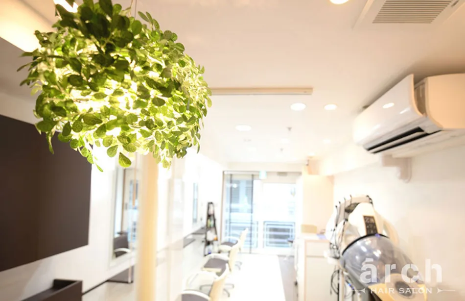 緑の葉の照明が下がる arch hair salon の店内